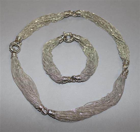 An Italian silver multi fine strand necklace and matching bracelet, with English import marks, necklace 42cm.